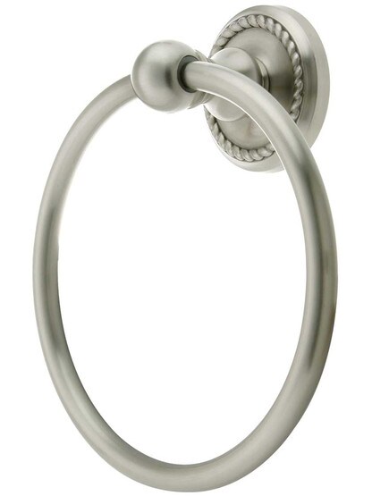 Brass Towel Ring with Rope Rosette in Satin Nickel.
